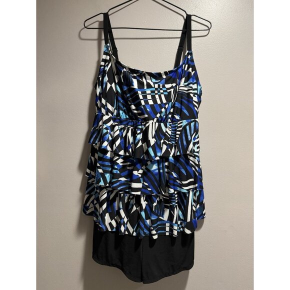 Longitude Size 12 Black White Blue Artsy One Piece Swimsuit Modest Coverage - Picture 3 of 6
